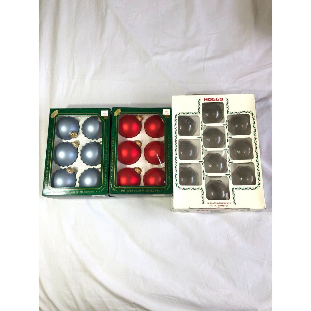 Lot Vintage Christmas By Krebs & Holly Glass Ornaments 3 Boxes Red Blue Grey USA